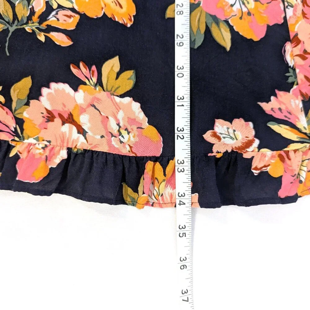 LOFT | Ruffle Floral Split Neck Sleeveless Mini Dress in Navy Blue Multi | Small - Picture 10 of 11